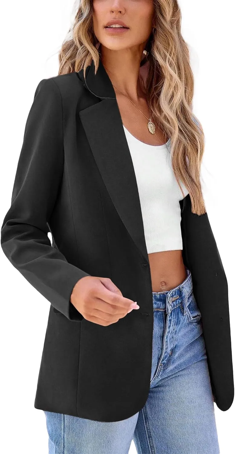 2024 Women's Fall Winter Blazer Business Casual Suit-Fully Lined Notch Lapel Solid Button Loose Jacket with Pockets