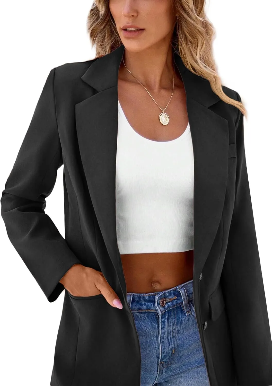 2024 Women's Fall Winter Blazer Business Casual Suit-Fully Lined Notch Lapel Solid Button Loose Jacket with Pockets