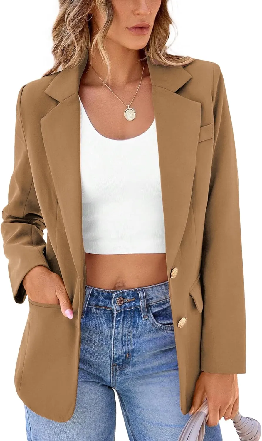 2024 Women's Fall Winter Blazer Business Casual Suit-Fully Lined Notch Lapel Solid Button Loose Jacket with Pockets