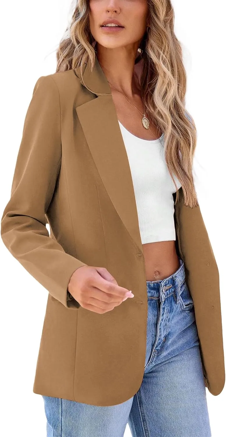 2024 Women's Fall Winter Blazer Business Casual Suit-Fully Lined Notch Lapel Solid Button Loose Jacket with Pockets