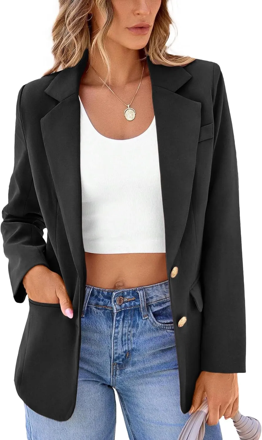 2024 Women's Fall Winter Blazer Business Casual Suit-Fully Lined Notch Lapel Solid Button Loose Jacket with Pockets