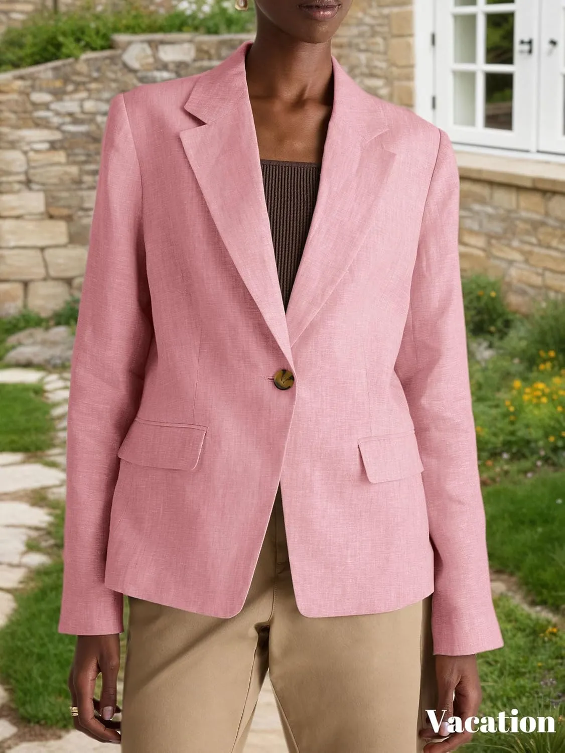 2025 Linen Blazers for Women Business Casual Long Sleeve Lapel Open Front Suit Jacket Work Blazer with Pockets