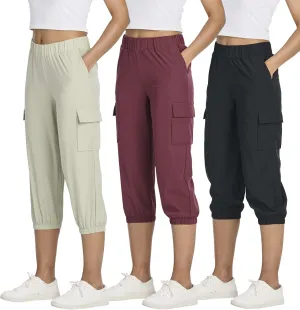 3 Pack:Women's Woven Cargo Capri Jogger Pants Tactical Hiking 5 Pockets Water Resistant Quick Dry Active Pockets Drawstring