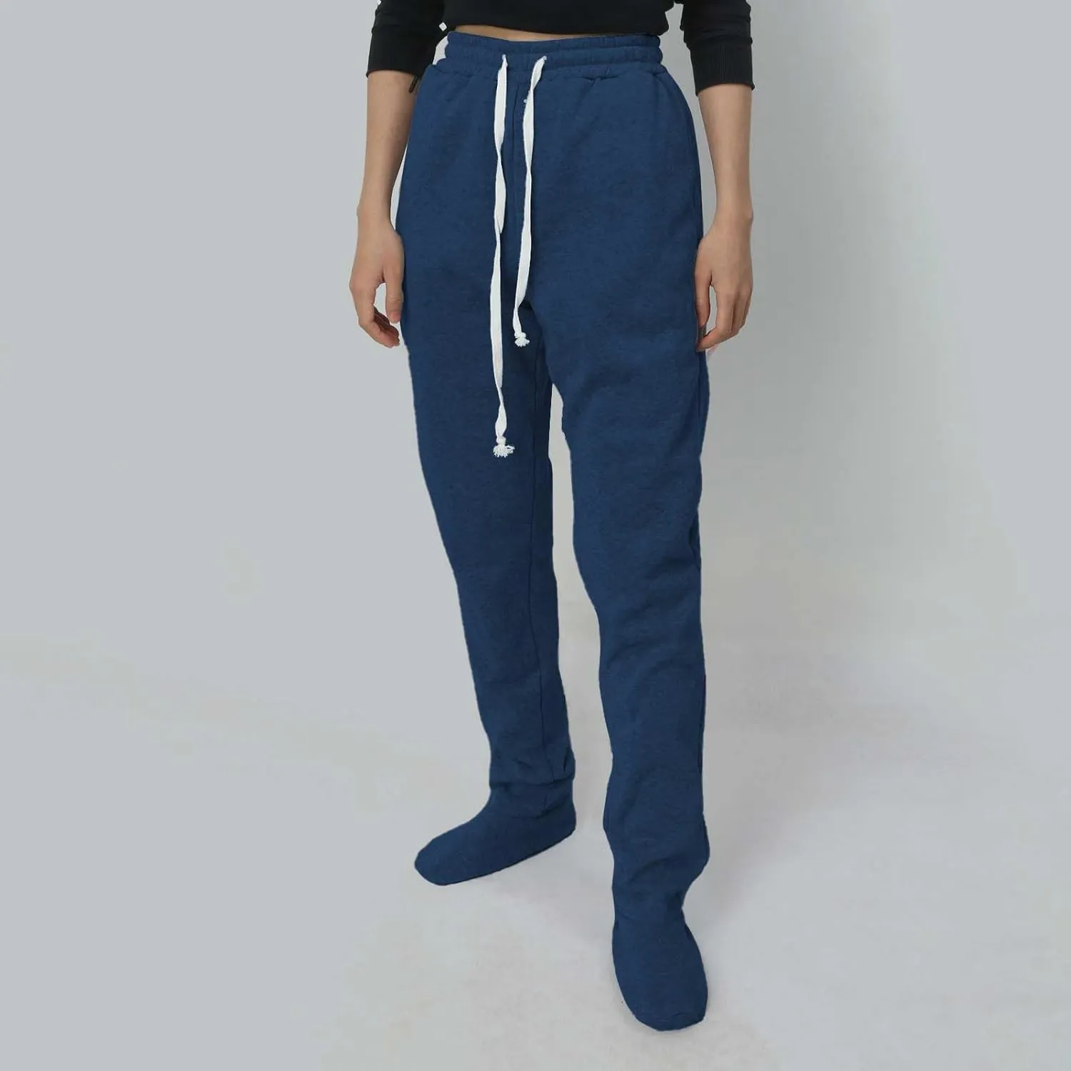 Adult Footed Sweatpants for Women Fleece Lined with Pockets Warm Footing Pajama Pants Drawstring Elastic Waisted Lounge