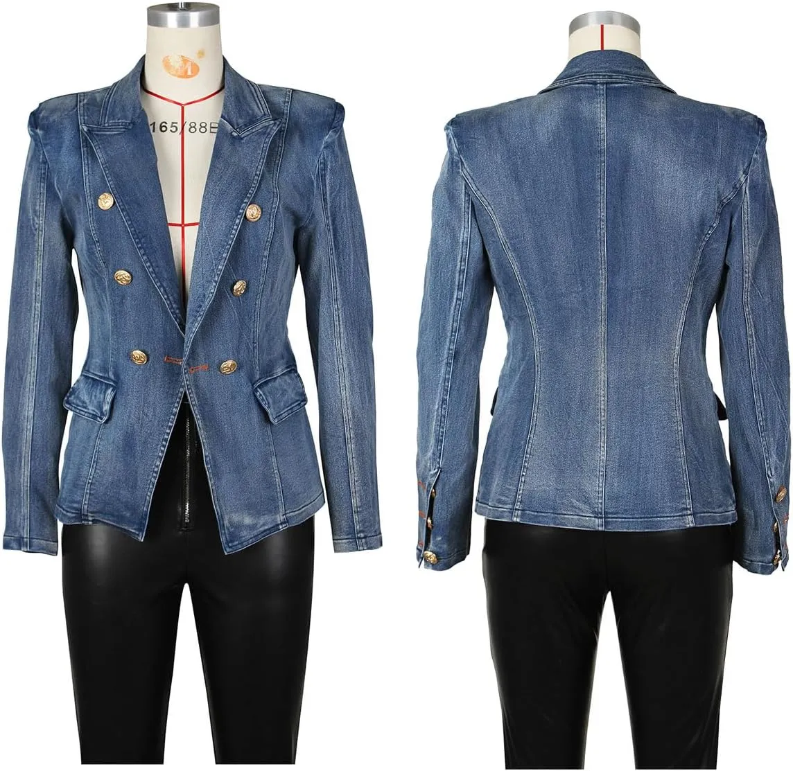 Alunzoem Womens Denim Jackets Double Breasted Jean Blazer Business Casual Open Front Long Sleeve Work Office Jacket Coat