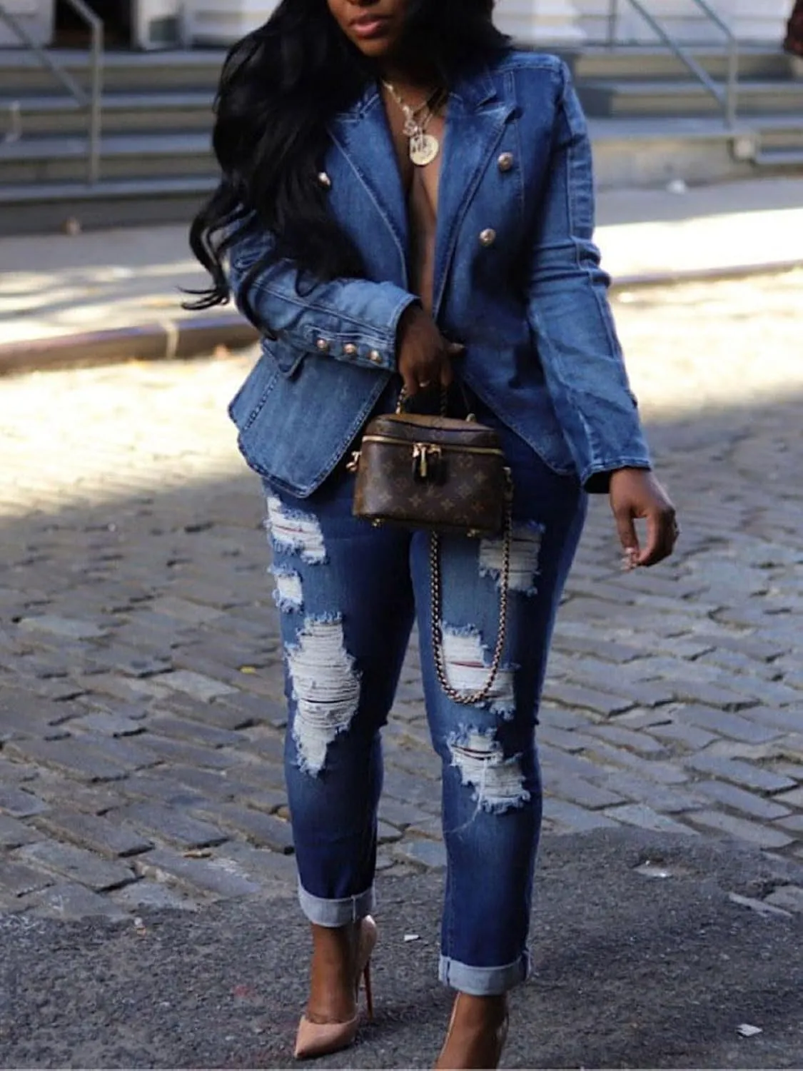 Alunzoem Womens Denim Jackets Double Breasted Jean Blazer Business Casual Open Front Long Sleeve Work Office Jacket Coat
