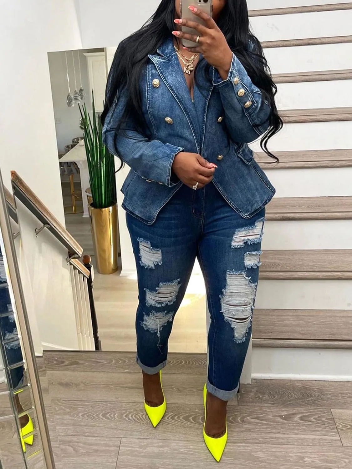 Alunzoem Womens Denim Jackets Double Breasted Jean Blazer Business Casual Open Front Long Sleeve Work Office Jacket Coat