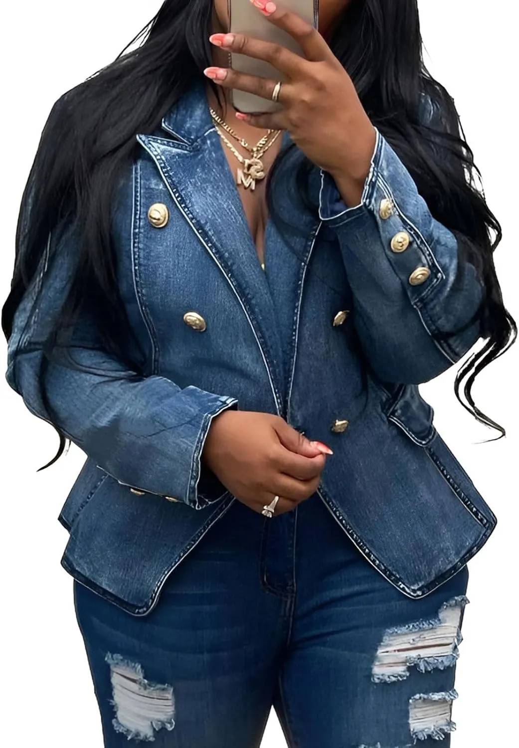 Alunzoem Womens Denim Jackets Double Breasted Jean Blazer Business Casual Open Front Long Sleeve Work Office Jacket Coat