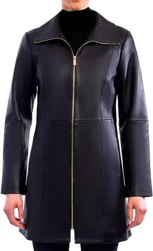 Anne Klein Women's Mid-Length Zipper Leather Coat Black