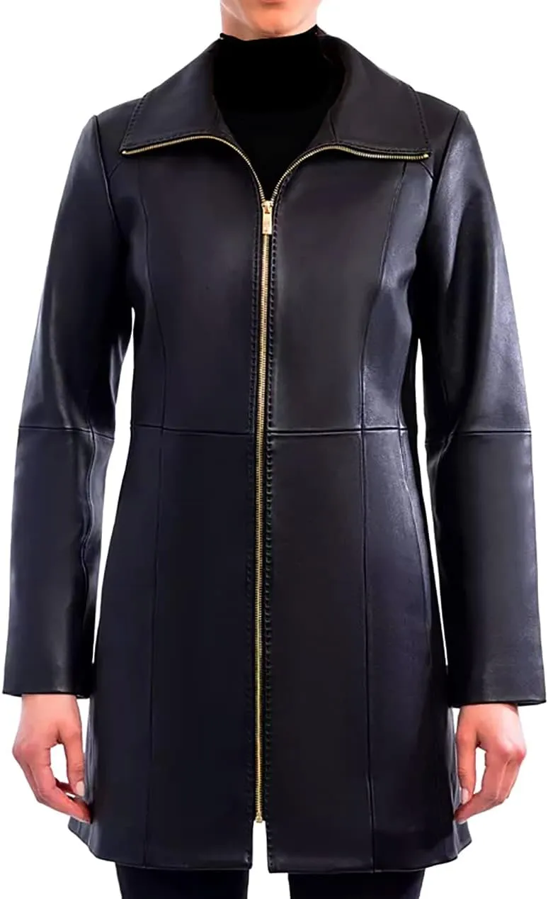 Anne Klein Women's Mid-Length Zipper Leather Coat Black
