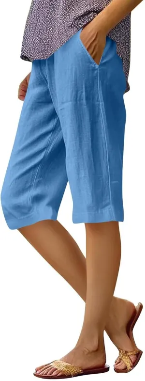 Bermuda Drawstring Beach Shorts Wide Leg Linen Shorts Elastic High Waisted Pleated Casual Loose Bermuda Shorts, Large