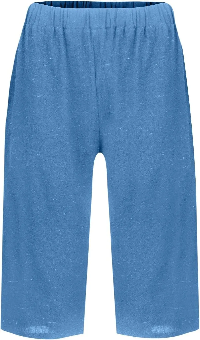 Bermuda Drawstring Beach Shorts Wide Leg Linen Shorts Elastic High Waisted Pleated Casual Loose Bermuda Shorts, Large