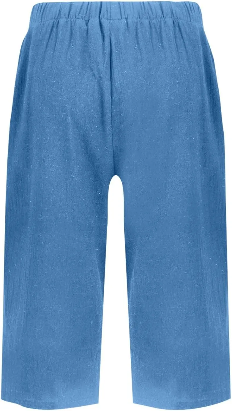 Bermuda Drawstring Beach Shorts Wide Leg Linen Shorts Elastic High Waisted Pleated Casual Loose Bermuda Shorts, Large