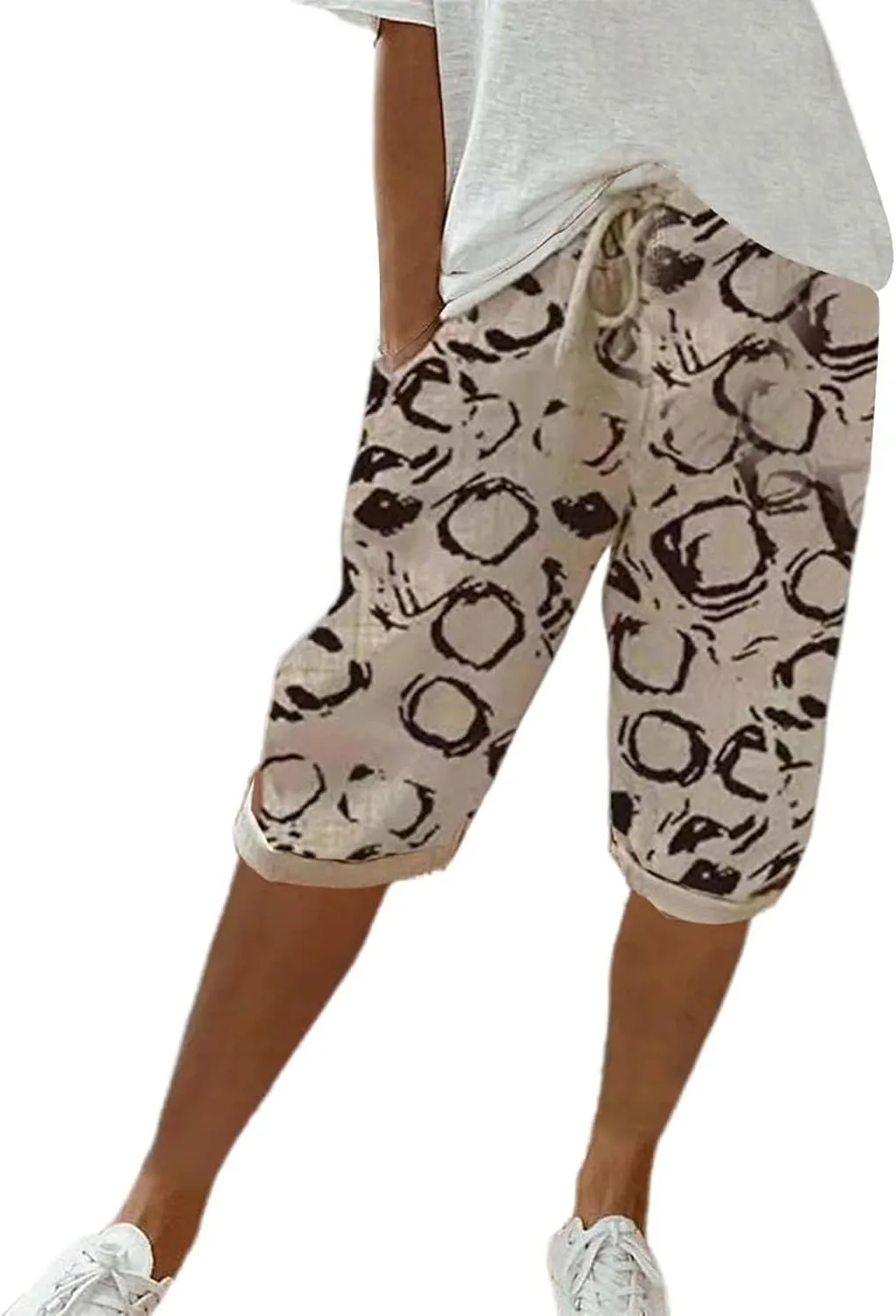 Bermuda Shorts for Women Knee Length Cotton Linen Capris Elastic Waisted Pants Summer Beach Board Shorts with Pockets