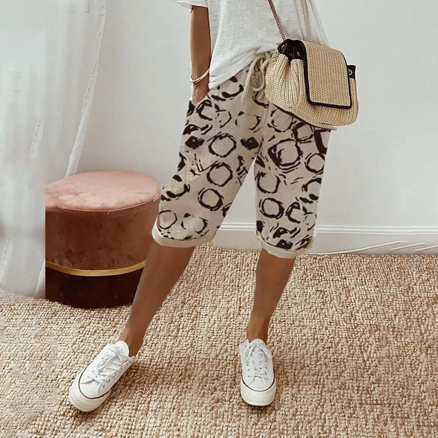 Bermuda Shorts for Women Knee Length Cotton Linen Capris Elastic Waisted Pants Summer Beach Board Shorts with Pockets