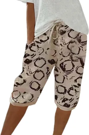 Bermuda Shorts for Women Knee Length Cotton Linen Capris Elastic Waisted Pants Summer Beach Board Shorts with Pockets