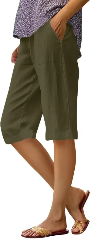 Bermuda Shorts for Women Knee Length Cotton Linen Elastic Waist Drawstring Casual Summer Capri Pants with Pockets