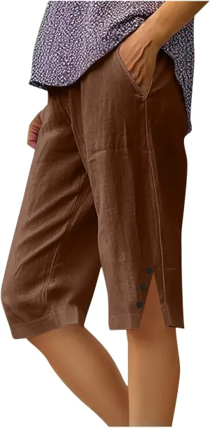 Bermuda Shorts for Women Knee Length Elastic Waist Linen Capris Casual Summer Straight Leg Beach Shorts