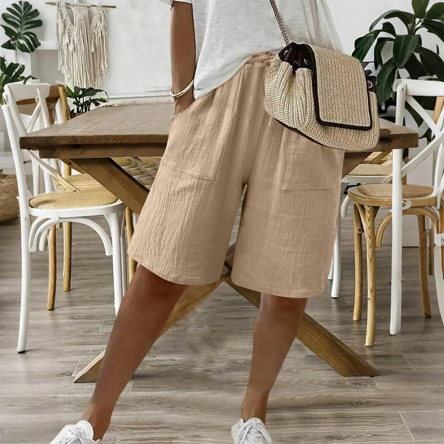 Bermuda Shorts for Women Wide Leg Linen Knee Length Summer Casual Long Shorts Loose High Waisted Short with Pockets