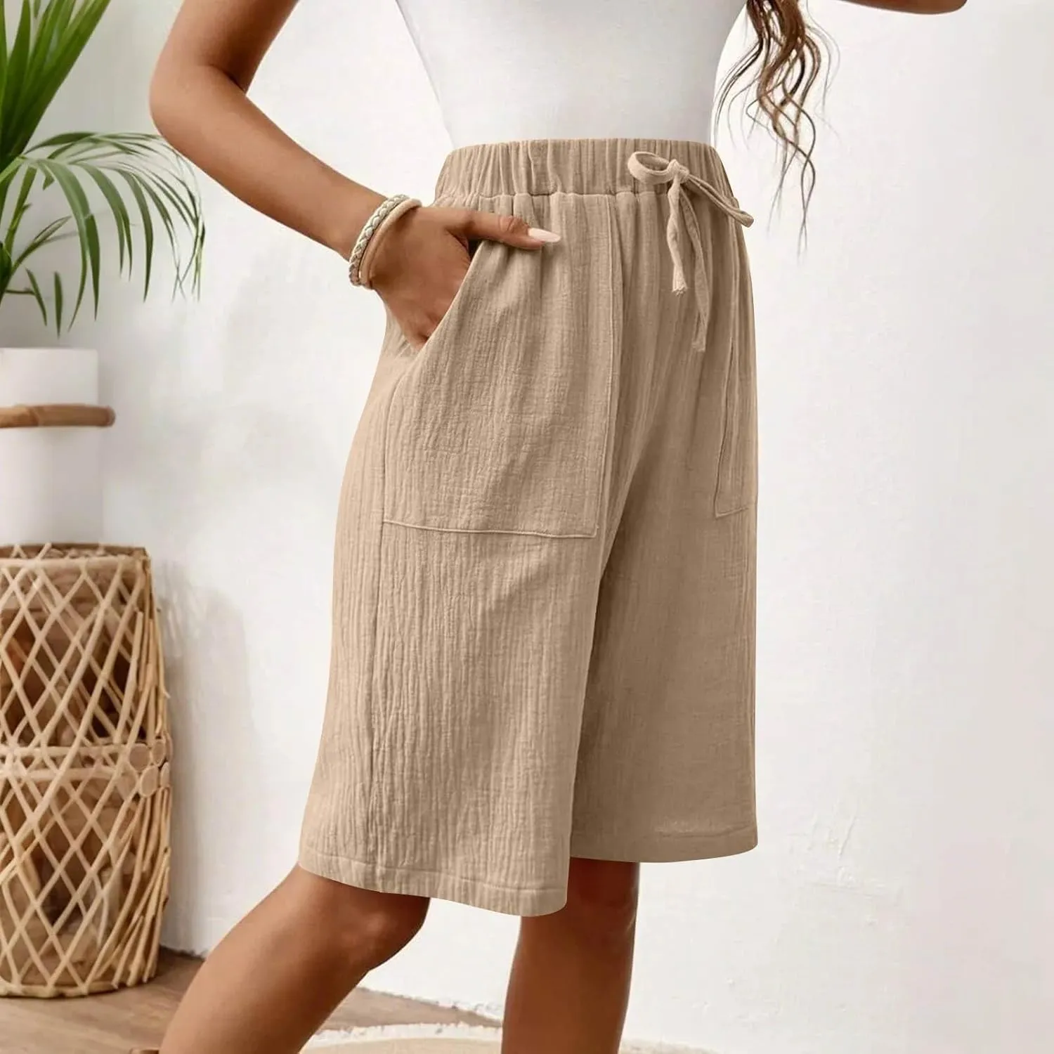 Bermuda Shorts for Women Wide Leg Linen Knee Length Summer Casual Long Shorts Loose High Waisted Short with Pockets