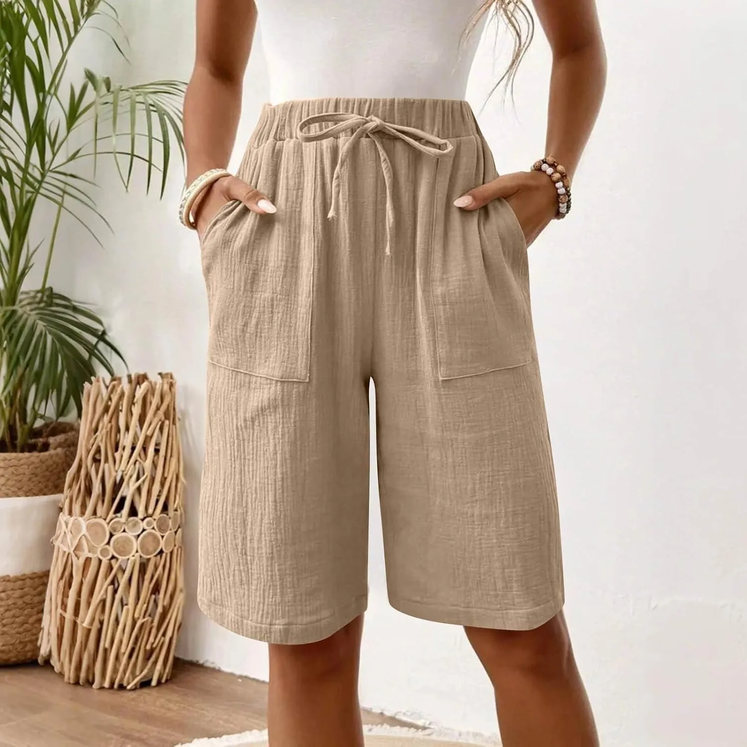 Bermuda Shorts for Women Wide Leg Linen Knee Length Summer Casual Long Shorts Loose High Waisted Short with Pockets