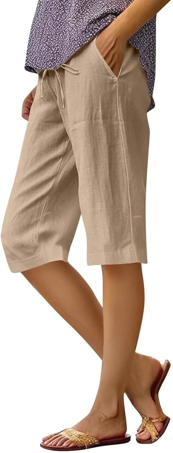 Bermuda Shorts for Women Wide Leg Linen Knee Length Summer Casual Long Shorts Loose High Waisted Short with Pockets