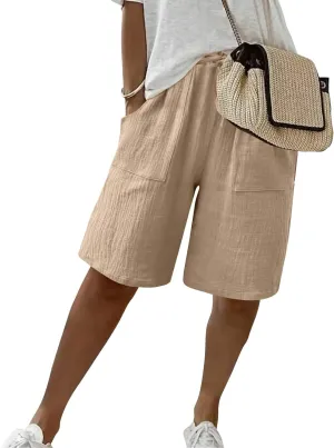 Bermuda Shorts for Women Wide Leg Linen Knee Length Summer Casual Long Shorts Loose High Waisted Short with Pockets