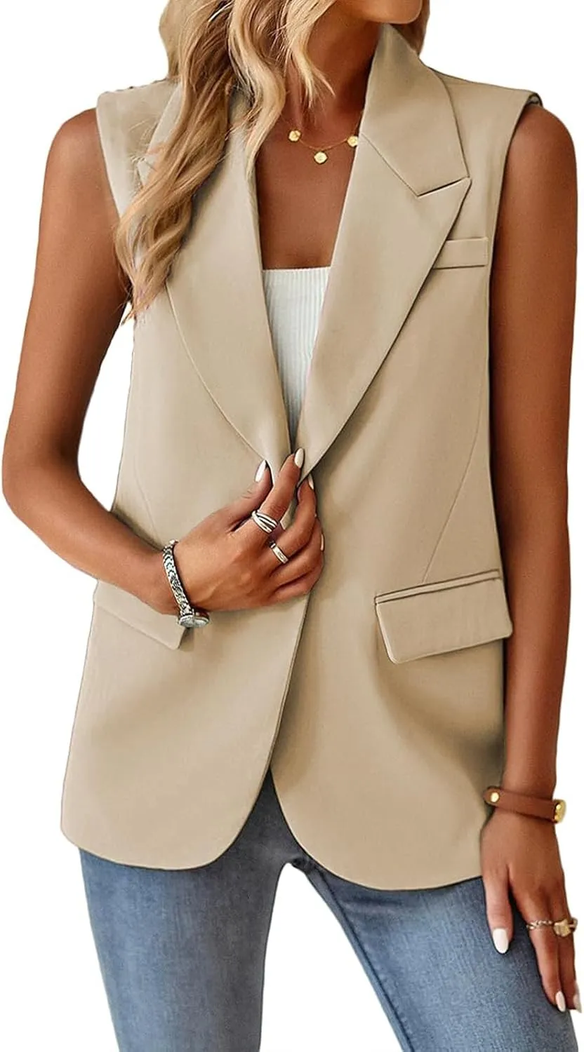 Blazer Vest for Women Business Casual Dressy Jackets Lightweight Sleeveless Vest Tops Lapel Single Button Blazers