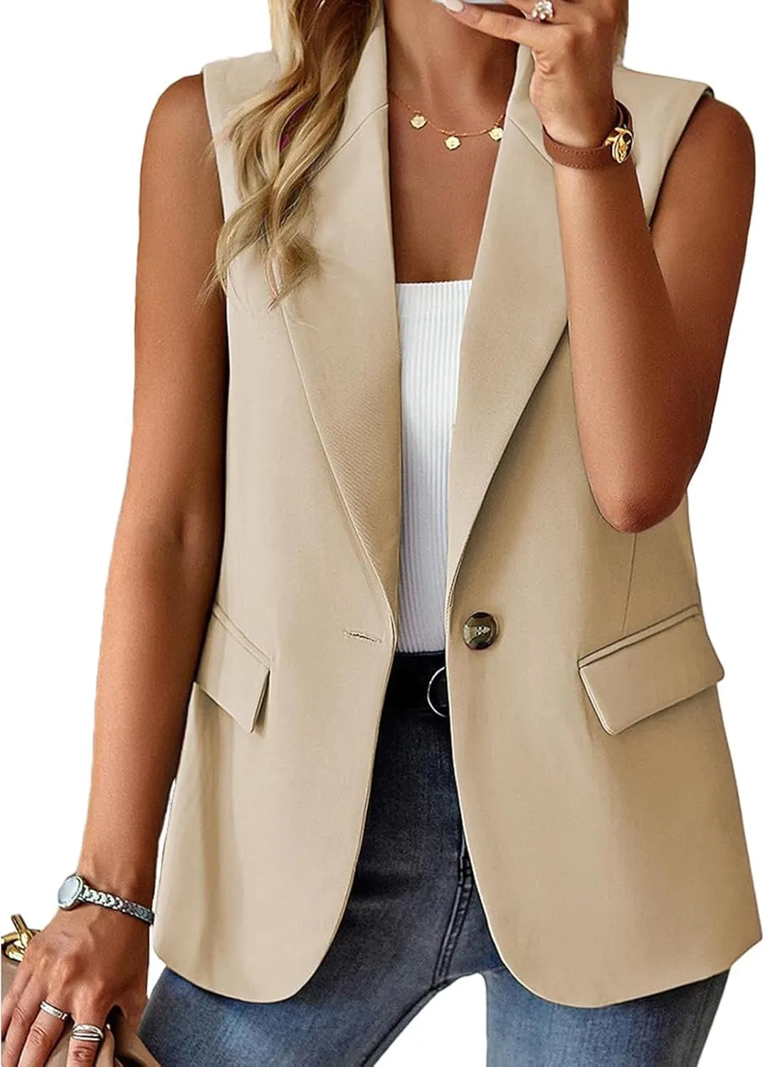Blazer Vest for Women Business Casual Dressy Jackets Lightweight Sleeveless Vest Tops Lapel Single Button Blazers