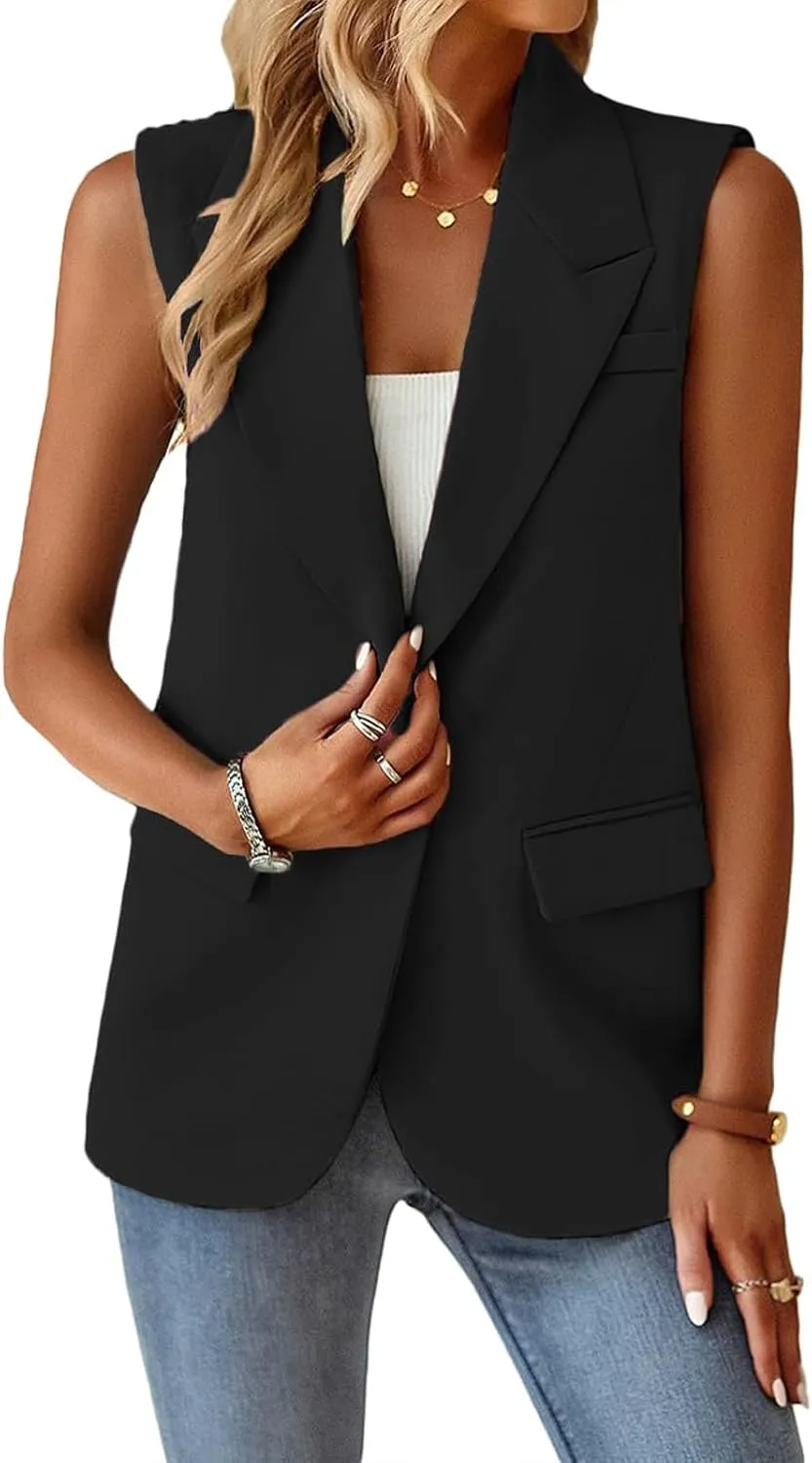 Blazer Vest for Women Sleeveless Vest Tops Open Front Casual Blazer Single Button Work Office Suit Jacket Waistcoat