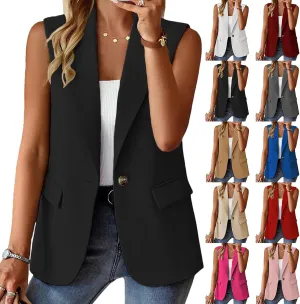 Blazer Vest for Women Sleeveless Vest Tops Open Front Casual Blazer Single Button Work Office Suit Jacket Waistcoat