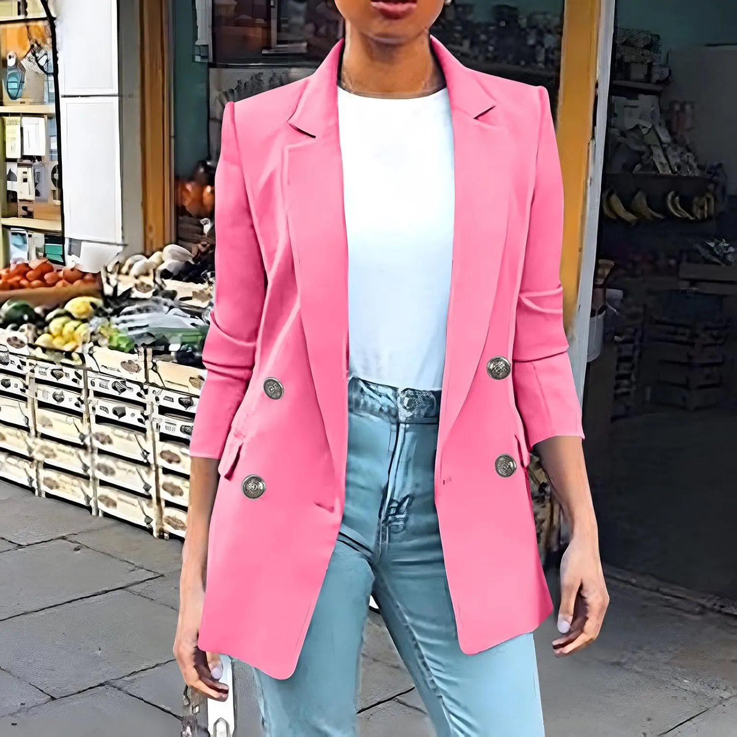 Blazers for Women Business Casual Long Sleeve Double Breasted Jackets Open Front Notch Lapel Work Jackets with Pockets