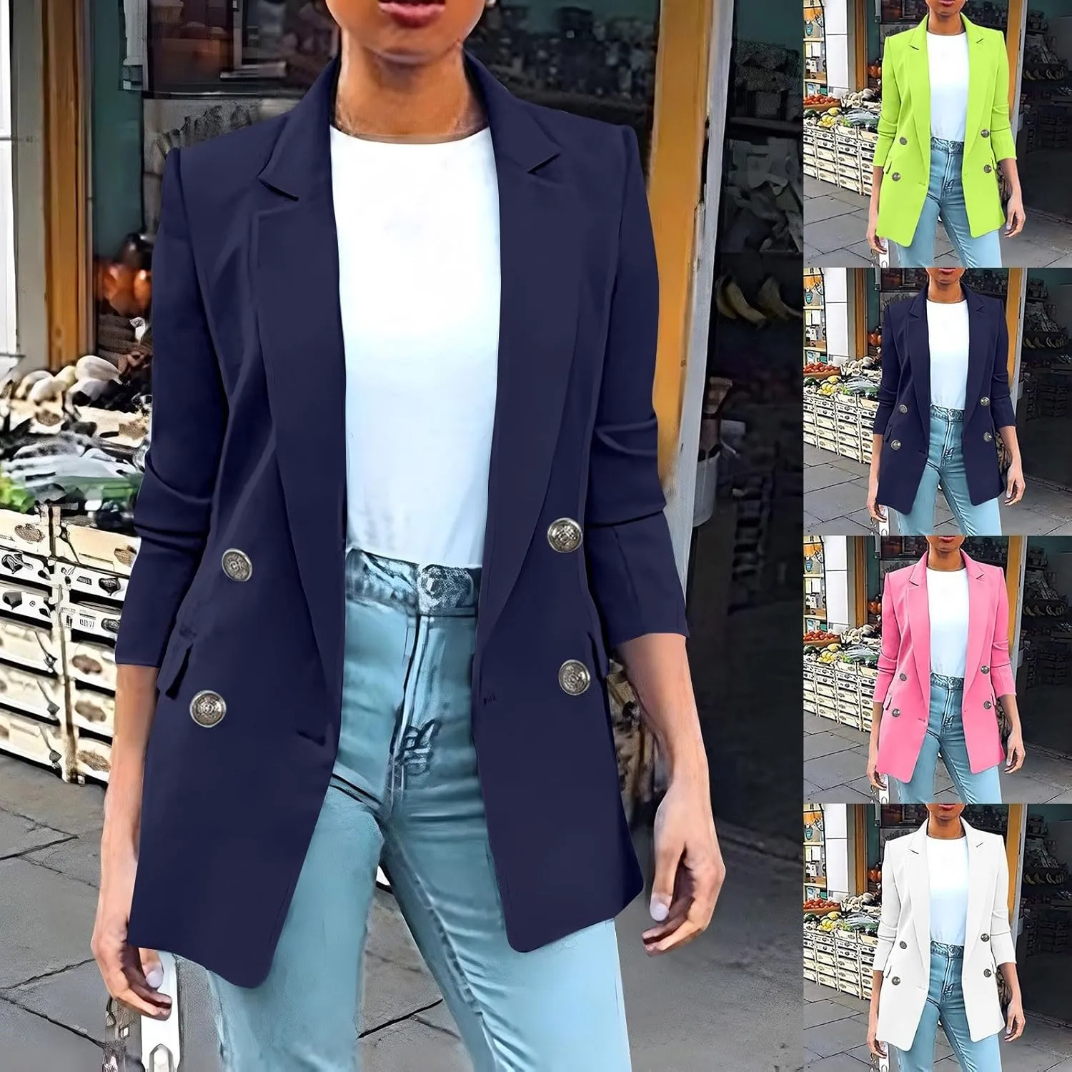 Blazers for Women Business Casual Long Sleeve Double Breasted Jackets Open Front Notch Lapel Work Jackets with Pockets