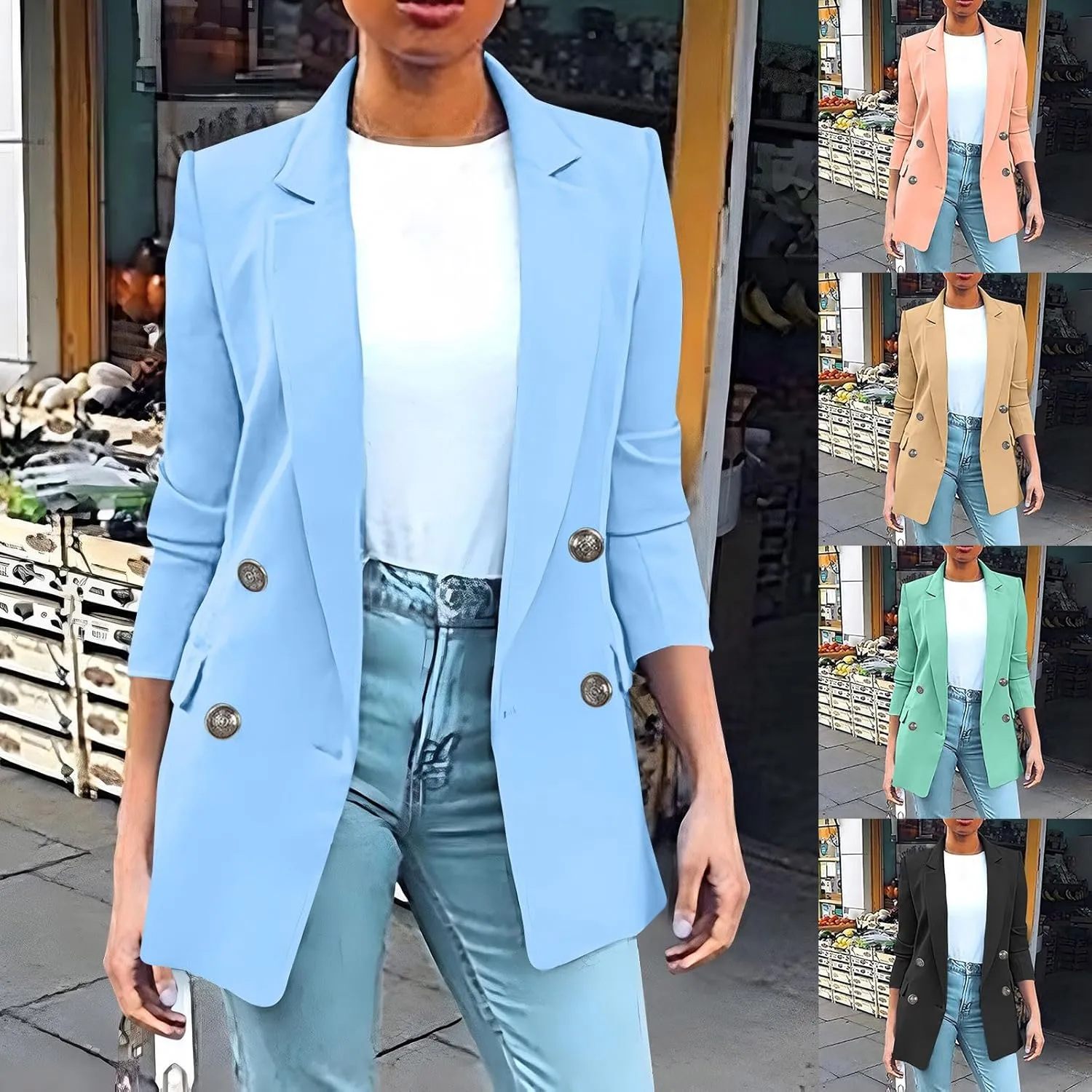 Blazers for Women Business Casual Long Sleeve Double Breasted Jackets Open Front Notch Lapel Work Jackets with Pockets