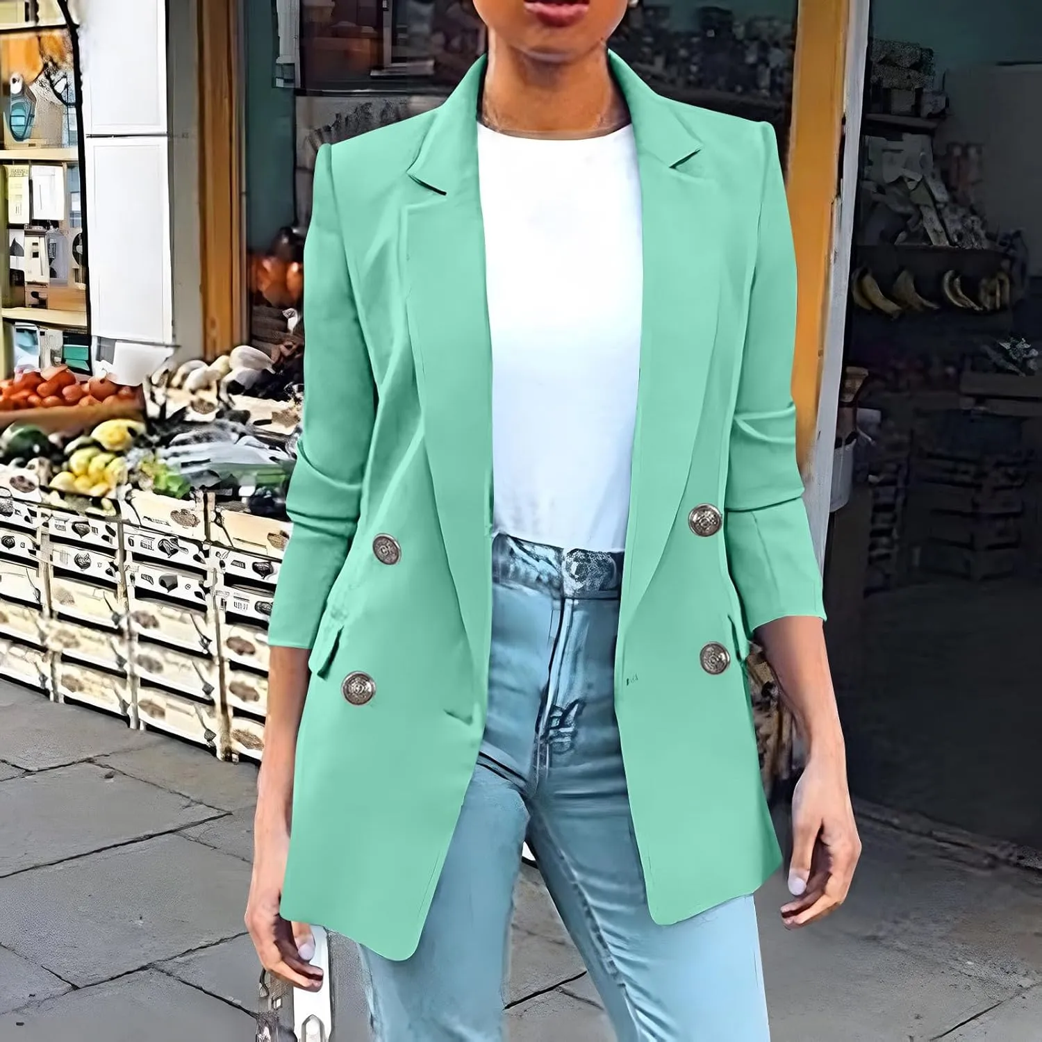 Blazers for Women Business Casual Long Sleeve Double Breasted Jackets Open Front Notch Lapel Work Jackets with Pockets