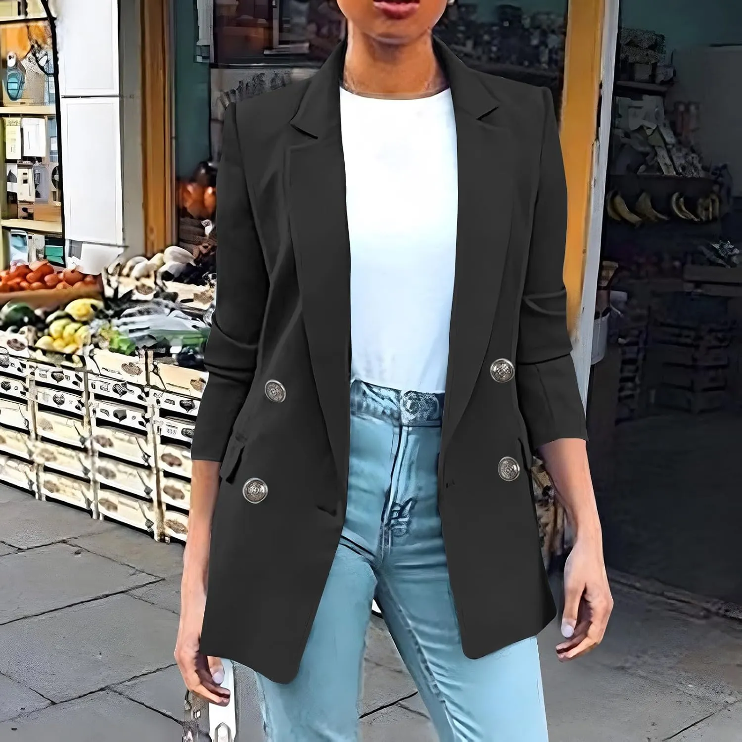 Blazers for Women Business Casual Long Sleeve Double Breasted Jackets Open Front Notch Lapel Work Jackets with Pockets