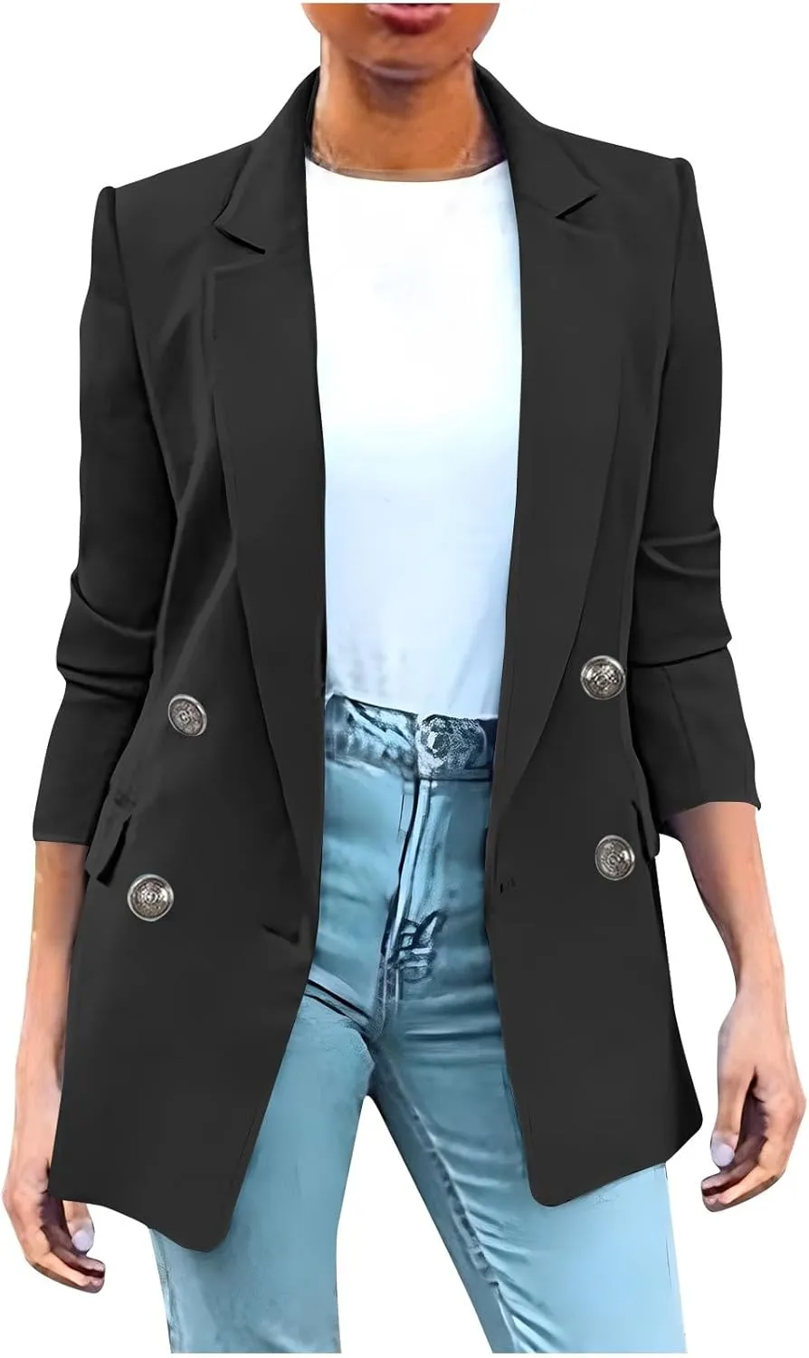 Blazers for Women Business Casual Long Sleeve Double Breasted Jackets Open Front Notch Lapel Work Jackets with Pockets