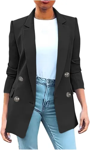 Blazers for Women Business Casual Long Sleeve Double Breasted Jackets Open Front Notch Lapel Work Jackets with Pockets