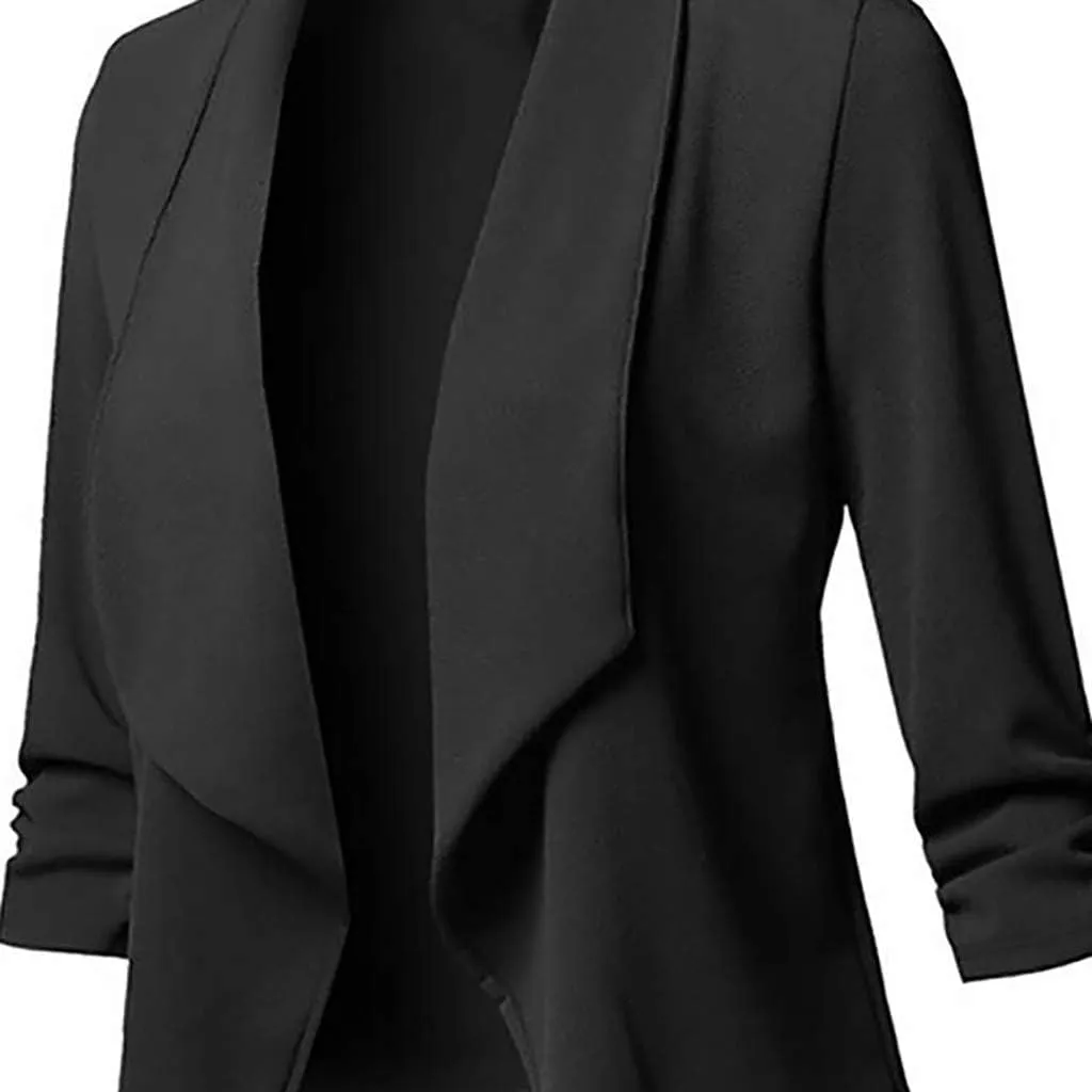 Blazers for Women,Stretch 3/4 Gathered Sleeve Business Casual Blazer,Classic Draped Open Front Lightweight Jackets