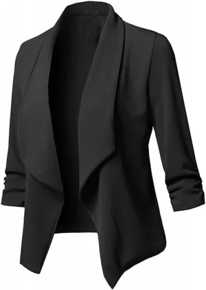 Blazers for Women,Stretch 3/4 Gathered Sleeve Business Casual Blazer,Classic Draped Open Front Lightweight Jackets