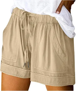 Casual Shorts for Women Trendy Drawstring Elastic Waist Cotton Shorts with Pockets Loose Fit Beach Summer Outfits