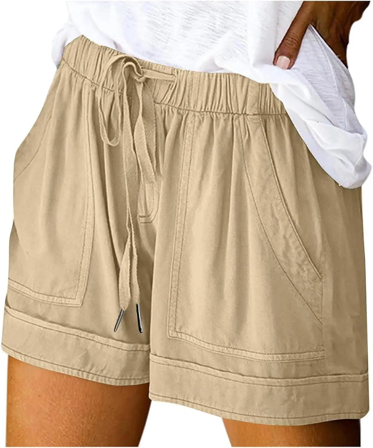 Casual Shorts for Women Trendy Drawstring Elastic Waist Cotton Shorts with Pockets Loose Fit Beach Summer Outfits