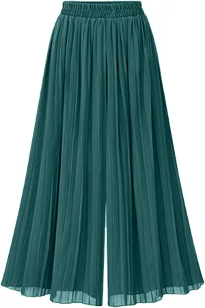 CHARTOU Women's Loose Chiffon Elastic Waist Pleated Cropped Wide Leg Pants Palazzo