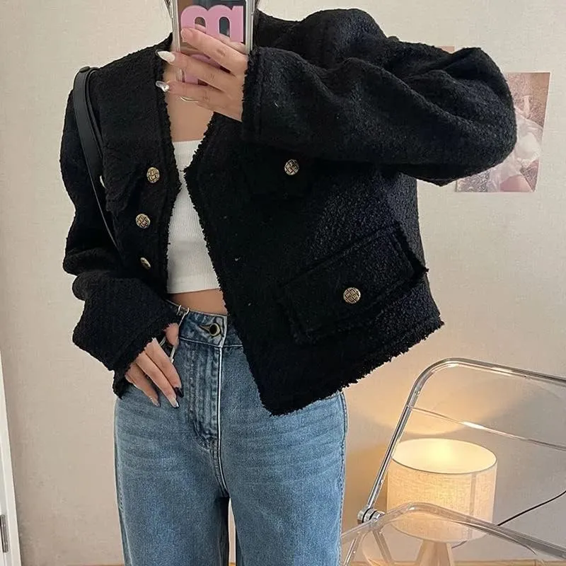 CHONG FENG XIA Vintage Woolen Tweed Black Jackets - Women's Fall Wool Blend Short Coat, Korean Casual Office