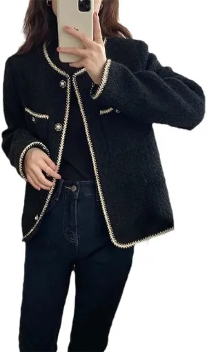 CHONG FENG XIA Vintage Woolen Tweed Black Jackets - Women's Fall Wool Blend Short Coat, Korean Casual Office