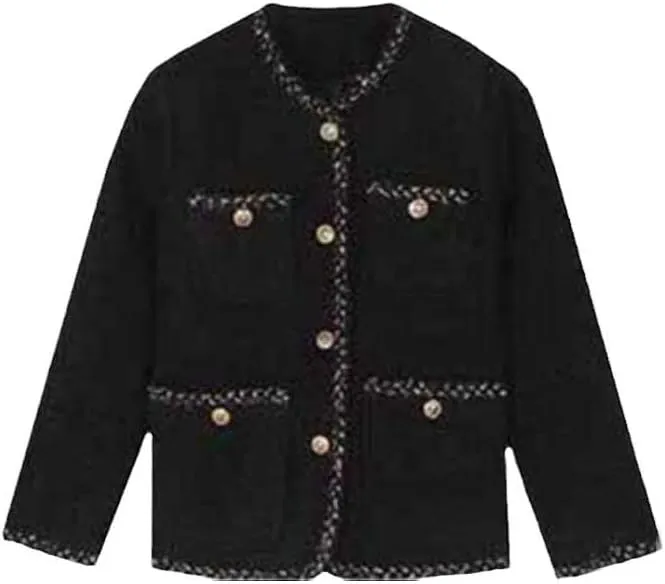 CHONG FENG XIA Vintage Woolen Tweed Black Jackets - Women's Fall Wool Blend Short Coat, Korean Casual Office