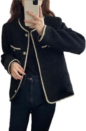CHONG FENG XIA Vintage Woolen Tweed Black Jackets - Women's Fall Wool Blend Short Coat, Korean Casual Office