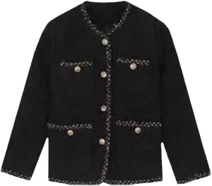 CHONG FENG XIA Vintage Woolen Tweed Black Jackets - Women's Fall Wool Blend Short Coat, Korean Casual Office