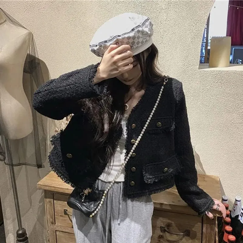 CHONG FENG XIA Vintage Woolen Tweed Black Jackets - Women's Fall Wool Blend Short Coat, Korean Casual Office