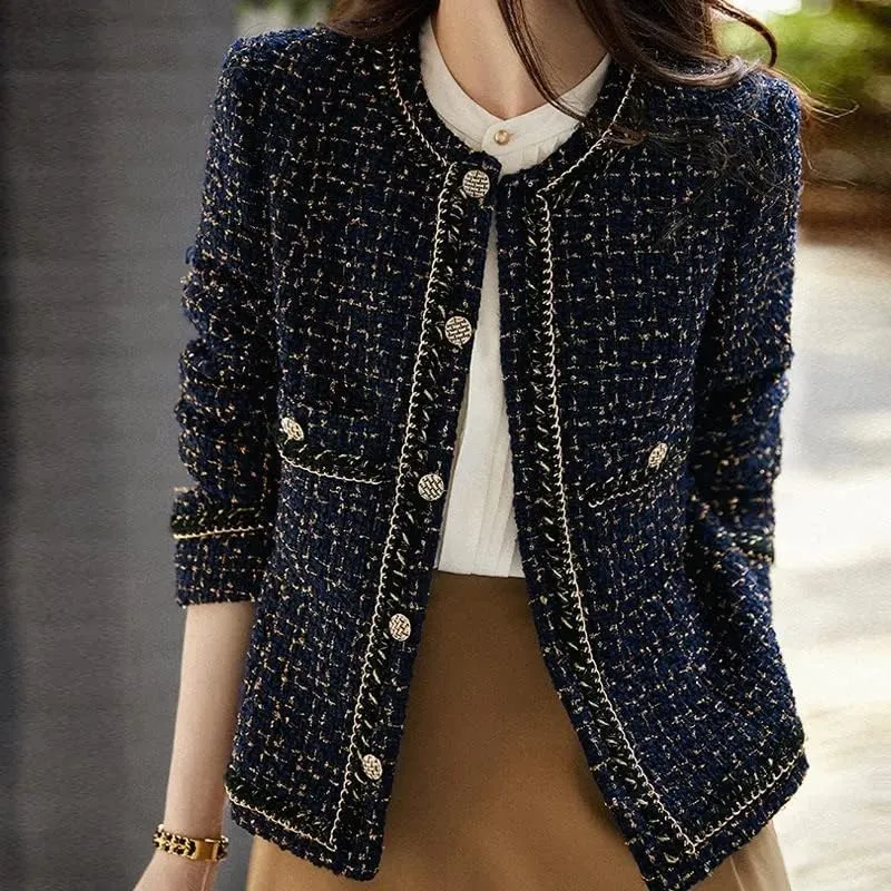 CHONG FENG XIA Vintage Woolen Tweed Black Jackets - Women's Fall Wool Blend Short Coat, Korean Casual Office
